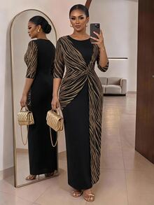 SHEIN Lady Gaun Lipit Berkilau Elegan Ukuran Plus untuk Pesta Malam, Formal, Koktail, dan Pernikahan, Warna Hitam dan Emas untuk Musim Panas - Hitam - View 5