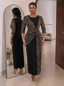 SHEIN Lady Gaun Lipit Berkilau Elegan Ukuran Plus untuk Pesta Malam, Formal, Koktail, dan Pernikahan, Warna Hitam dan Emas untuk Musim Panas - Hitam - View 3