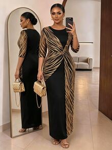 SHEIN Lady Gaun Lipit Berkilau Elegan Ukuran Plus untuk Pesta Malam, Formal, Koktail, dan Pernikahan, Warna Hitam dan Emas untuk Musim Panas - Hitam - View 1