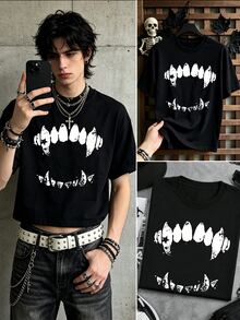 Resyla Men Men's Halloween Distressed Vampire Fangs T-Shirt, American Dark Cracked Jagged Print Black And White Boxy Cropped Top, Short Sleeve, Streetwear Goth - Black - View 1