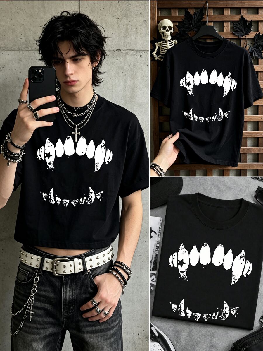 Resyla Men Men's Halloween Distressed Vampire Fangs T-Shirt, American Dark Cracked Jagged Print Black And White Boxy Cropped Top, Short Sleeve, Streetwear Goth - Black - View 1