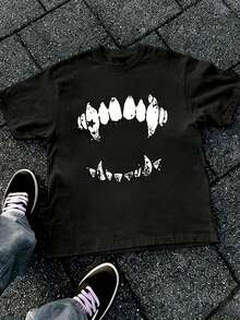 Resyla Men Men's Halloween Distressed Vampire Fangs T-Shirt, American Dark Cracked Jagged Print Black And White Boxy Cropped Top, Short Sleeve, Streetwear Goth - Black - View 6