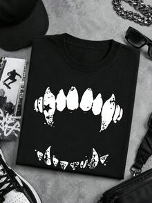 Resyla Men Men's Halloween Distressed Vampire Fangs T-Shirt, American Dark Cracked Jagged Print Black And White Boxy Cropped Top, Short Sleeve, Streetwear Goth - Black - View 7