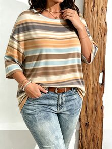 EMERY ROSE Plus Size Women Casual Retro Stripe Print Drop Shoulder T-Shirt, Suitable For Summer Wear - Multicolor - View 3