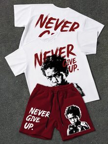 Manfinity EMRG Men's Boxer & Slogan Graphic T-Shirt And Drawstring Shorts Set, Casual Streetwear, Fall Clothes, Fall Outfits, New Fall Styles - Multicolor - View 2