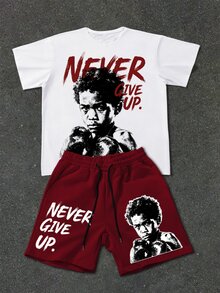 Manfinity EMRG Men's Boxer & Slogan Graphic T-Shirt And Drawstring Shorts Set, Casual Streetwear, Fall Clothes, Fall Outfits, New Fall Styles - Multicolor - View 1