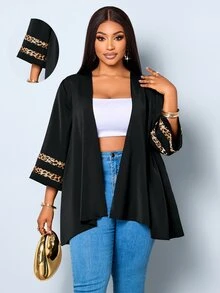 SOLERSUN Ladies' Plus Size Casual Micro Transparent Mesh Splicing Seven Quarter Sleeve Jacket, Suitable For D Fall - Black - View 2