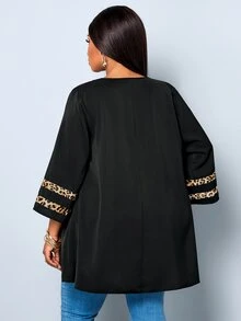SOLERSUN Ladies' Plus Size Casual Micro Transparent Mesh Splicing Seven Quarter Sleeve Jacket, Suitable For D Fall - Black - View 7