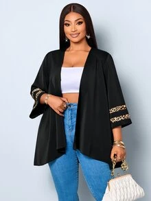 SOLERSUN Ladies' Plus Size Casual Micro Transparent Mesh Splicing Seven Quarter Sleeve Jacket, Suitable For D Fall - Black - View 8
