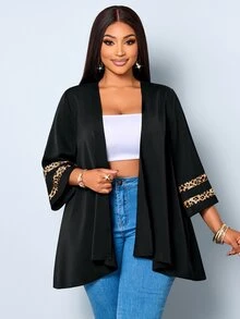 SOLERSUN Ladies' Plus Size Casual Micro Transparent Mesh Splicing Seven Quarter Sleeve Jacket, Suitable For D Fall - Black - View 4