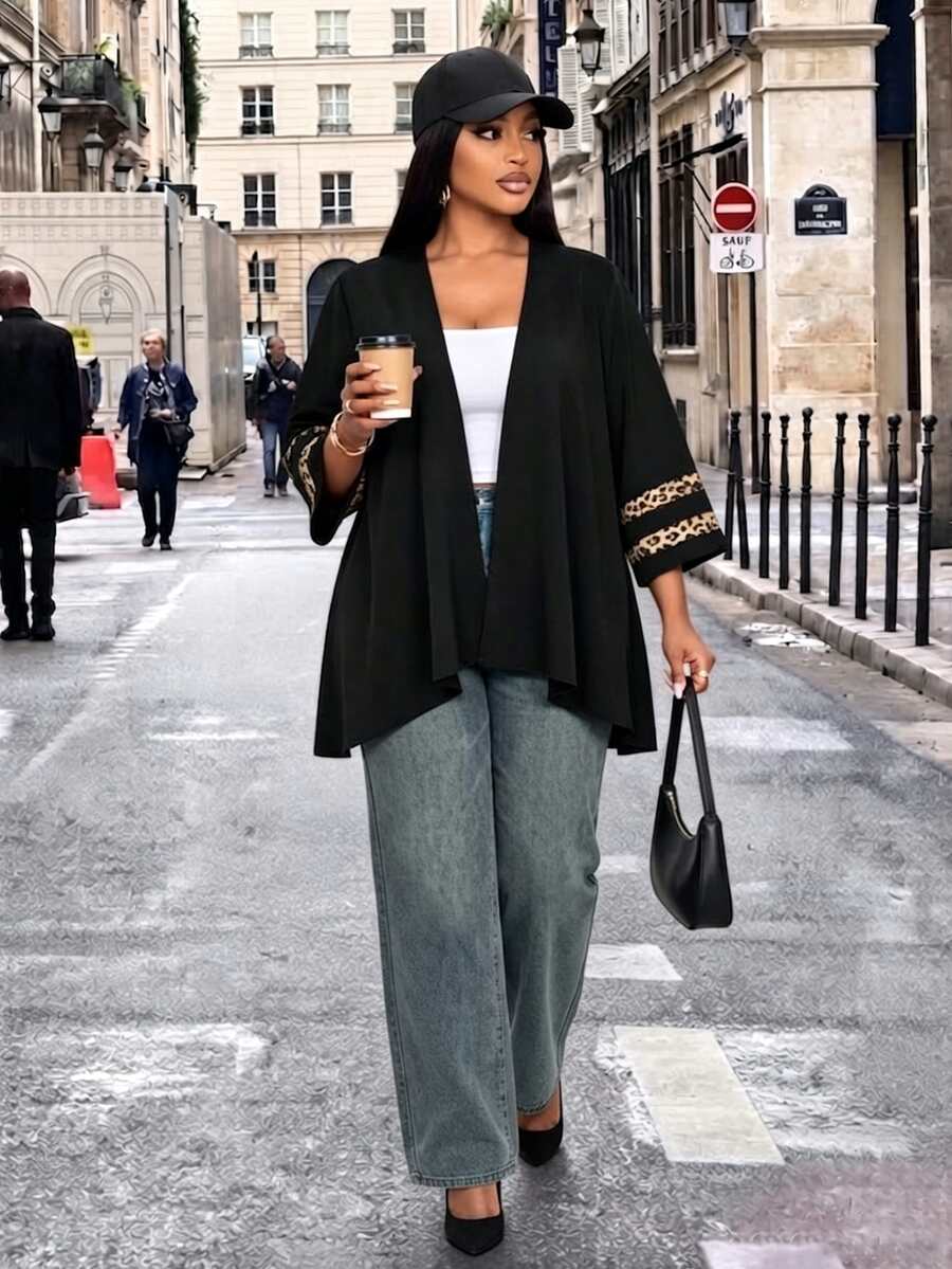 SOLERSUN Ladies' Plus Size Casual Micro Transparent Mesh Splicing Seven Quarter Sleeve Jacket, Suitable For D Fall - Black - View 1