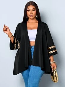 SOLERSUN Ladies' Plus Size Casual Micro Transparent Mesh Splicing Seven Quarter Sleeve Jacket, Suitable For D Fall - Black - View 5