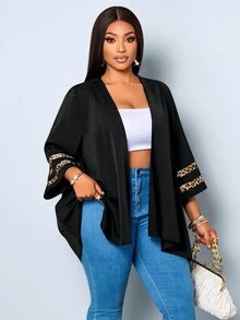 SOLERSUN Ladies' Plus Size Casual Micro Transparent Mesh Splicing Seven Quarter Sleeve Jacket, Suitable For D Fall - Black - View 6