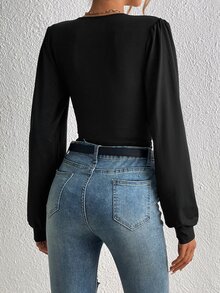 SHEIN Tall Plunging Neck Ruched Bodysuit, Tall Women - Black - View 3