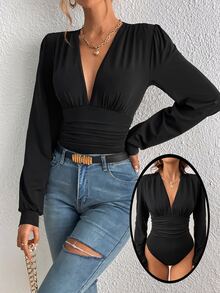 SHEIN Tall Plunging Neck Ruched Bodysuit, Tall Women - Black - View 8