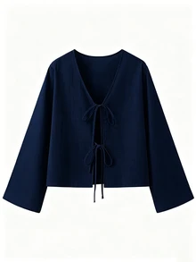 SHEIN PariChic Women's Casual Solid Color Tie Shirt - Navy Blue - View 5