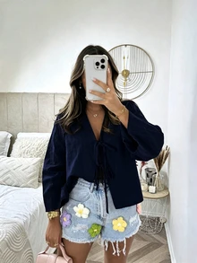 SHEIN PariChic Women's Casual Solid Color Tie Shirt - Navy Blue - View 7