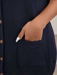 Easowa Curve Plus Size Front Button Long Sleeve Minimalist Casual Fall Cardigan With Pockets, For Winter,Fall Women Clothes Autumn - Royal Blue - View 6