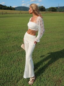 Sydney Algeri 女士优雅撞色蕾丝喇叭裤 - 白色 - 查看 5