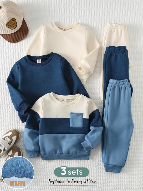 SHEIN 3pcs Young Boys New Colorblock Casual Comfortable Knit Sweatshirt Set, Suitable For Street Style, Daily Wear, Outings, Sports, Easy Comfort, Layers For Kids, Stylish Kids, Casual Wear, Kids Sports College Graphic T-Shirts, Back To School, Homecoming