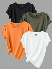 Calvaya 4pcs/Set Plus Size Casual Solid Color Round Neck Short Sleeve T-Shirts Tops - Multicolor - View 3