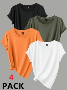 Calvaya 4pcs/Set Plus Size Casual Solid Color Round Neck Short Sleeve T-Shirts Tops - Multicolor - View 1
