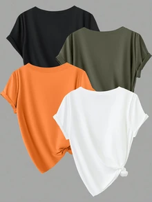 Calvaya 4pcs/Set Plus Size Casual Solid Color Round Neck Short Sleeve T-Shirts Tops - Multicolor - View 5