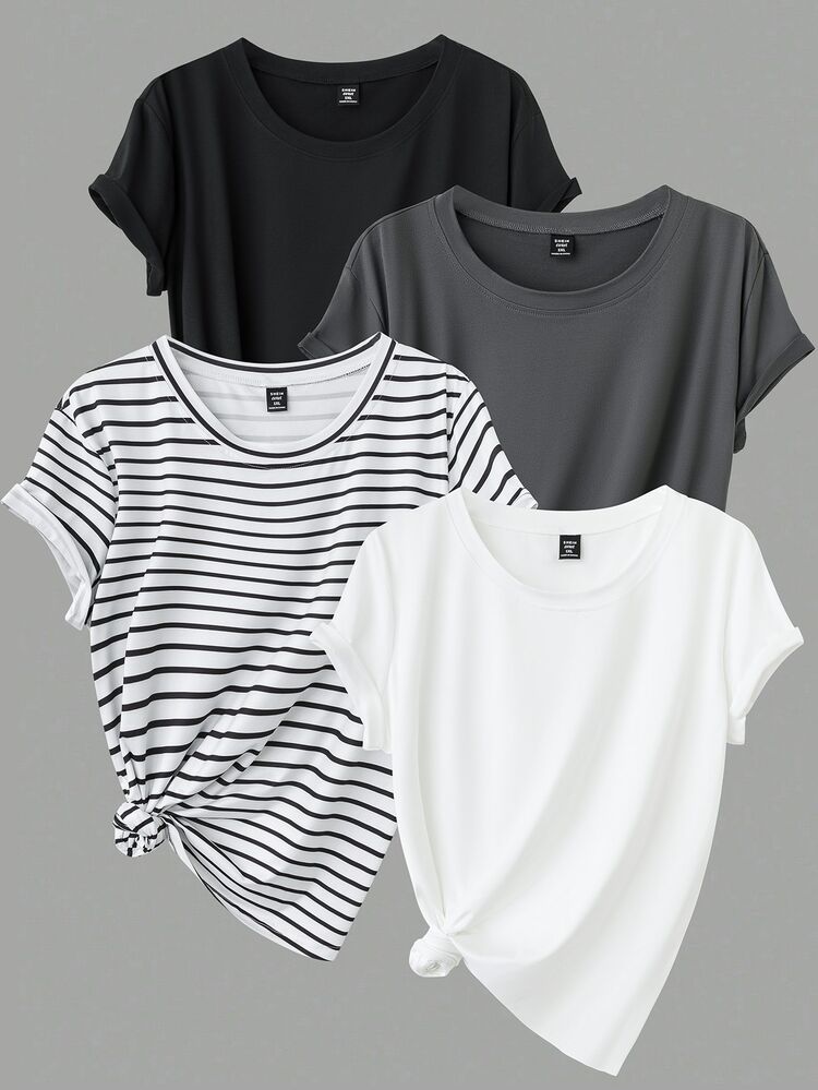 Calvaya Plus Size Casual Versatile Simple Round Neck Short Sleeve T-Shirt - Multicolor - View 3