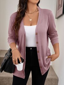 Easowa Curve Plus Size Solid Dual Pocket Button Front Thermal Cardigan, Fall Winter Cardigan For Women Burgundy Holiday Autumn - Burgundy - View 4
