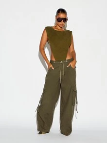 SUMWON WOMEN Celana Kargo Kaki Lebar dengan Banyak Saku, Detail Tali Pengikat, Pinggang Serut, Pinggang Rendah, Panjang Penuh, Celana Serbaguna untuk Musim Gugur dan Musim Dingin, Kasual. - Coklat - View 4