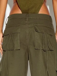 SUMWON WOMEN Celana Kargo Kaki Lebar dengan Banyak Saku, Detail Tali Pengikat, Pinggang Serut, Pinggang Rendah, Panjang Penuh, Celana Serbaguna untuk Musim Gugur dan Musim Dingin, Kasual. - Coklat - View 3