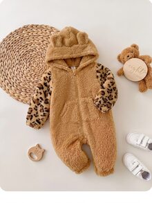 SHEIN 女嬰可愛休閒毛絨棕色豹紋連身褲 - 棕色 - 查看 4