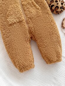 SHEIN 女嬰可愛休閒毛絨棕色豹紋連身褲 - 棕色 - 查看 5