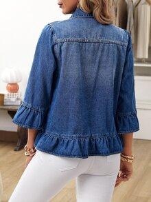 EMERY ROSE Women's Casual Washed Denim Jacket With Ruffle Hem,New Denim Jacket For Autumn And Winter, Romantic Ruffled Waist Denim Short Jacket - Blue - View 2