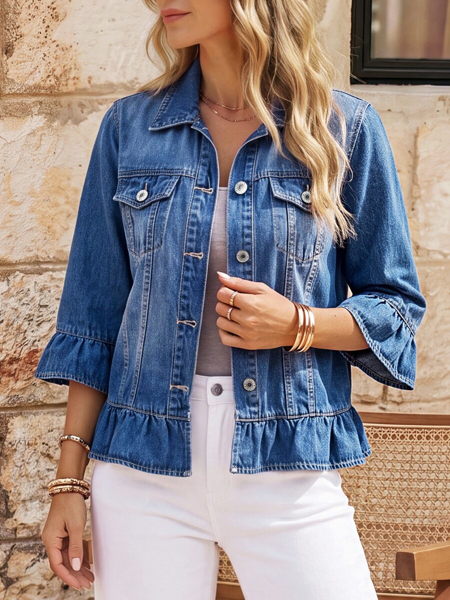 EMERY ROSE Women's Casual Washed Denim Jacket With Ruffle Hem,New Denim Jacket For Autumn And Winter, Romantic Ruffled Waist Denim Short Jacket - Blue - View 1
