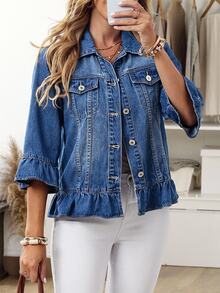EMERY ROSE Women's Casual Washed Denim Jacket With Ruffle Hem,New Denim Jacket For Autumn And Winter, Romantic Ruffled Waist Denim Short Jacket - Blue - View 3