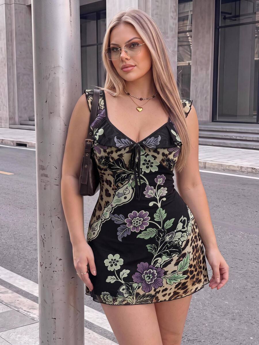 SHEIN ICON Women's Plus Size Floral Print Patchwork Ruffle Hem Front Tie Dress For Vacation - Multicolor - View 1