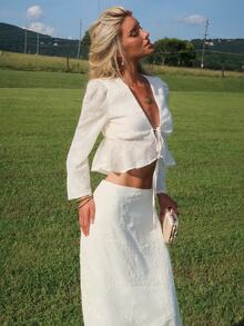 Sydney Algeri V-Neck Bell Sleeve Tie Ruffle Hem Blouse - White - View 4