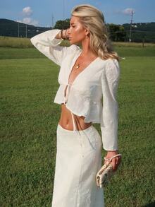 Sydney Algeri V-Neck Bell Sleeve Tie Ruffle Hem Blouse - White - View 6
