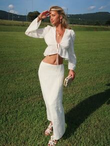 Sydney Algeri V-Neck Bell Sleeve Tie Ruffle Hem Blouse - White - View 5