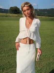 Sydney Algeri V-Neck Bell Sleeve Tie Ruffle Hem Blouse - White - View 1