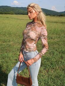Sydney Algeri Women's Casual Elegant Vacation Style Floral Print Funnel Neck Long Sleeve Fitted Cropped Top, Autumn Boho Clothing Western Sheer Romantic Night Out - Multicolor - View 2