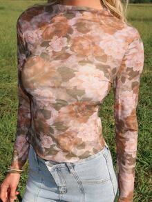 Sydney Algeri Women's Casual Elegant Vacation Style Floral Print Funnel Neck Long Sleeve Fitted Cropped Top, Autumn Boho Clothing Western Sheer Romantic Night Out - Multicolor - View 4