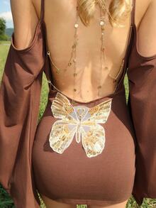 Sydney Algeri 性感前卫露背深V领喇叭袖链条薄纱钩编女式迷你连衣裙 - 棕色 - 查看 3
