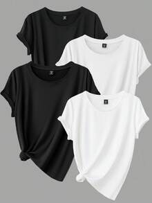 Calvaya Plus Size Solid Color Round Neck Short Sleeve Casual Top - Multicolor - View 3