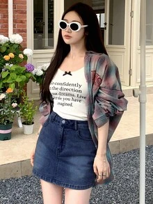 DAZY 女式复古休闲百搭牛仔短裙，带口袋 - 藍色 - 查看 4