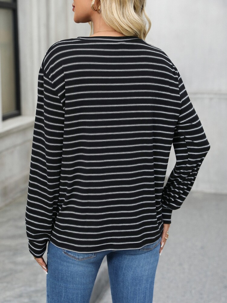 EMERY ROSE Women's Black And White Striped Round Neck Drop Shoulder Long Sleeve Casual T-Shirt Brunch Autumn - Black and White - View 2