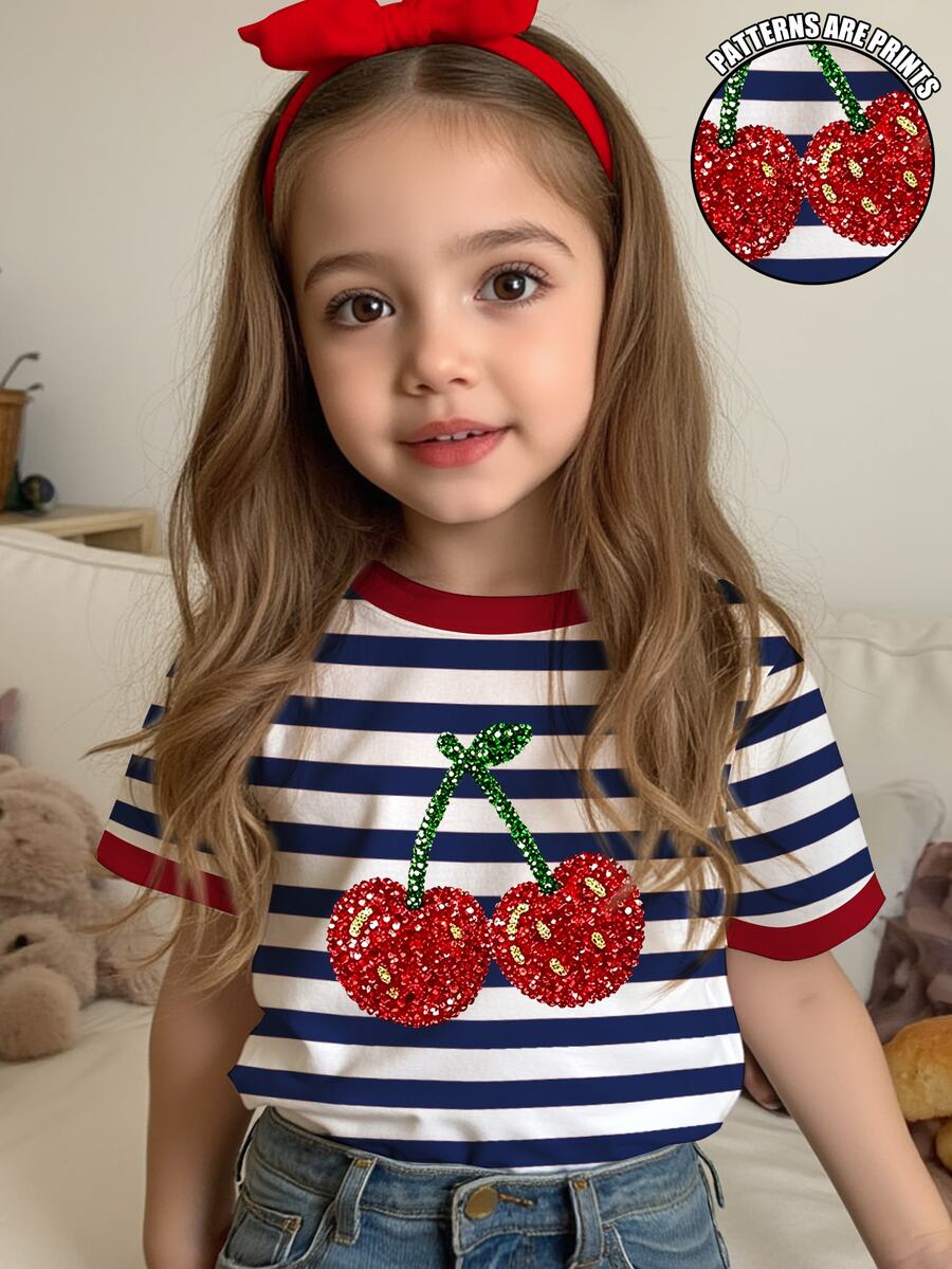 Young Girl Casual Simple Classic Blue And White Color Block Striped With Cute Shiny Textured Cherry Pattern Round Neck Short Sleeve T-Shirt Suitable For Summer Graphic,Kawaii, Tops,Easy Comfort,Cozy,Summer - Multicolor - View 1