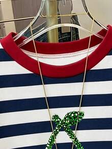 Young Girl Casual Simple Classic Blue And White Color Block Striped With Cute Shiny Textured Cherry Pattern Round Neck Short Sleeve T-Shirt Suitable For Summer Graphic,Kawaii, Tops,Easy Comfort,Cozy,Summer - Multicolor - View 4