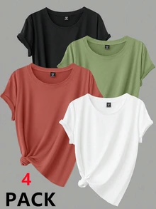 Calvaya Plus Size Solid Color Round Neck Short Sleeve Simple Casual Top - Multicolor - View 1
